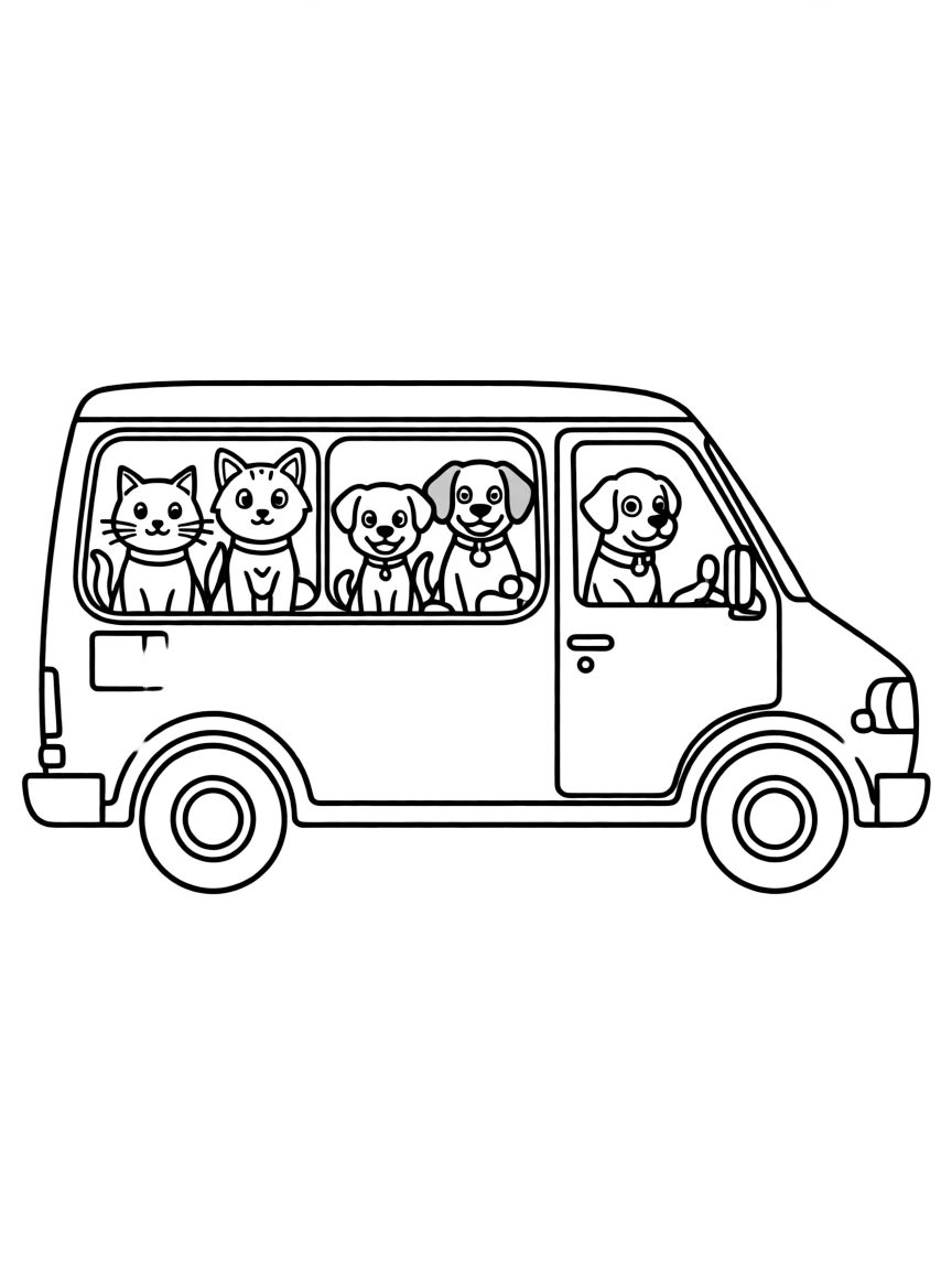 A pet transport van with cats and dogs visible inside