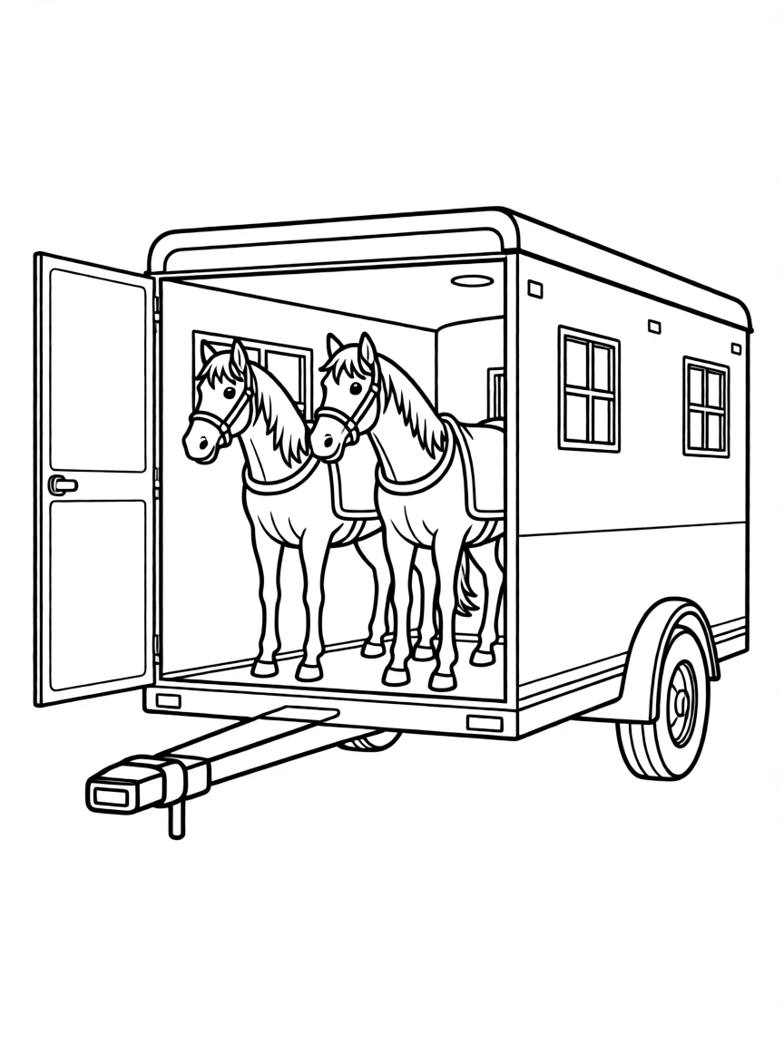 A horse trailer with detailed horses inside