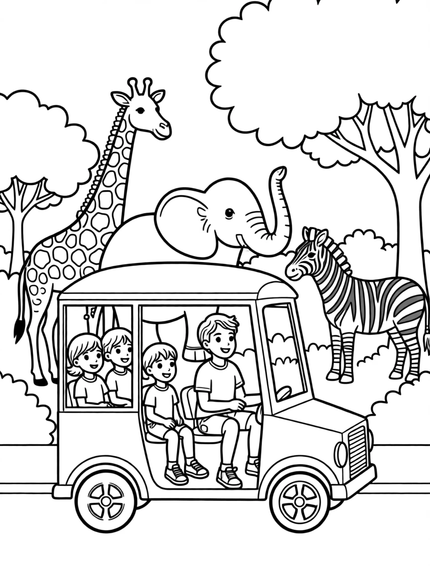 A zoo tour tram with visitors viewing animals