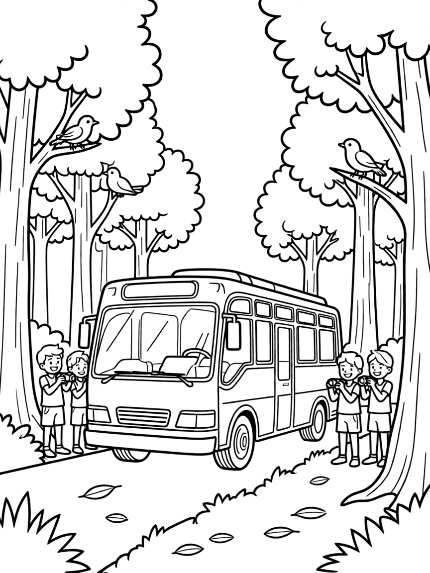 A bird watching tour bus in a forest setting