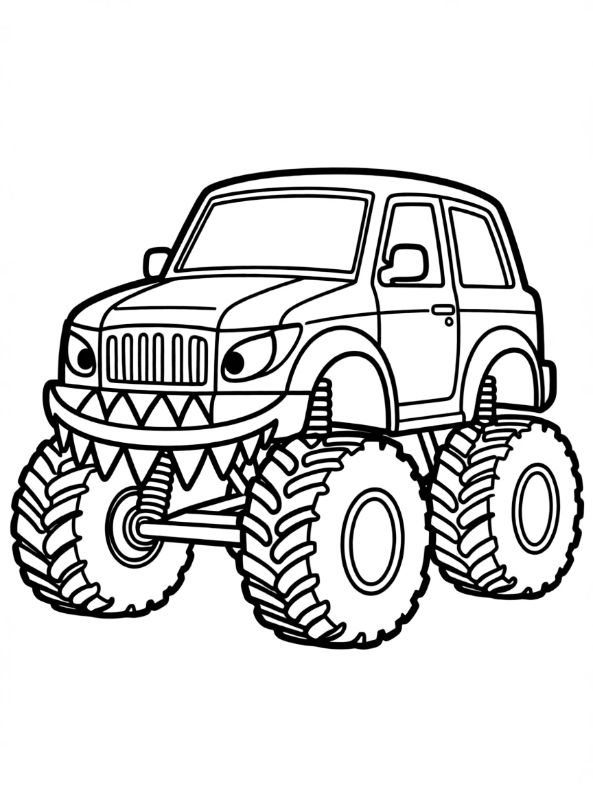 A monster truck with creature features and teeth