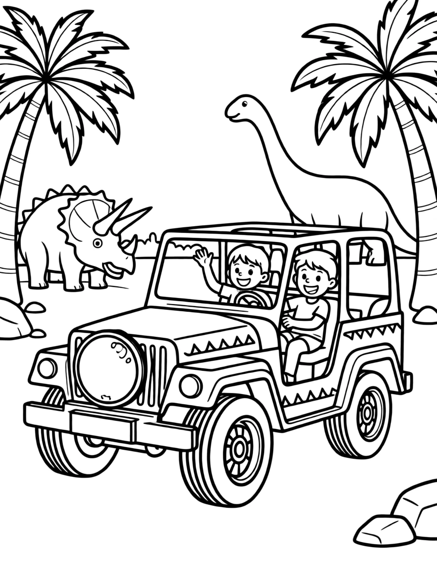 A dinosaur-themed tour jeep in a prehistoric park
