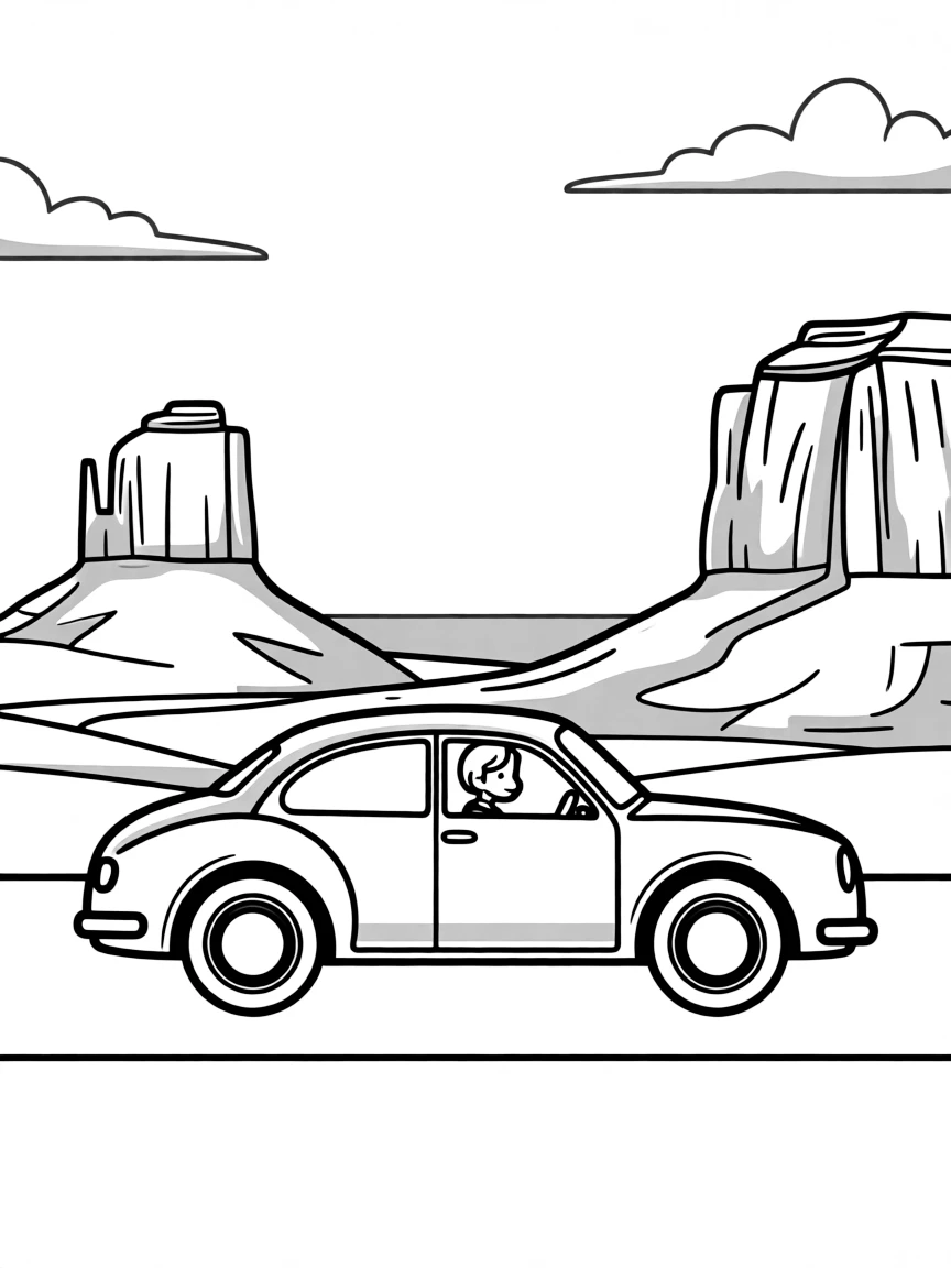 A car driving through Monument Valley with buttes