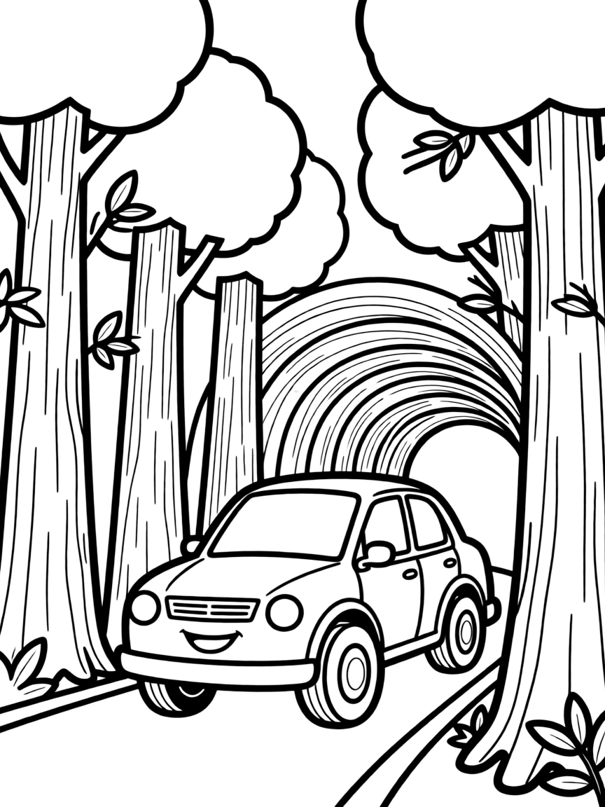 A car driving through a giant redwood tree tunnel