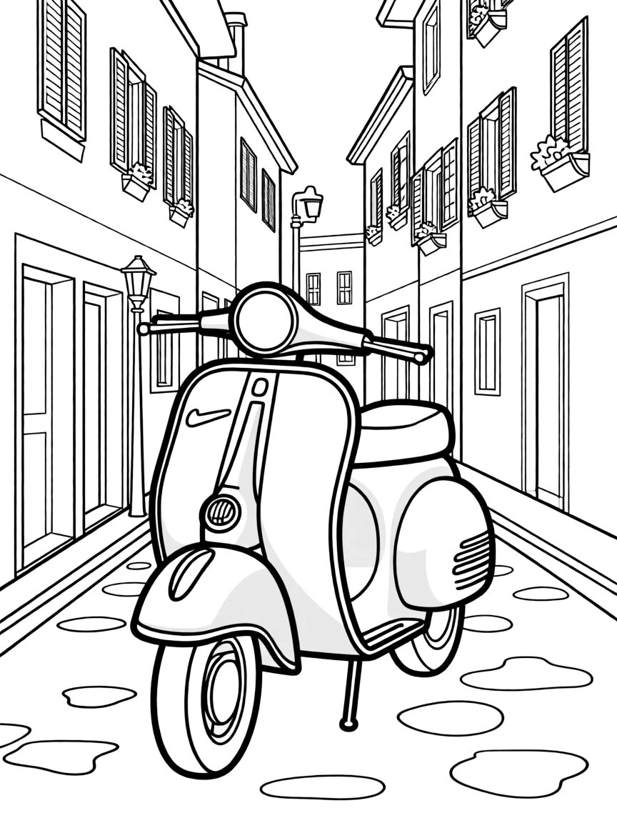 A Vespa scooter in a narrow Italian village street
