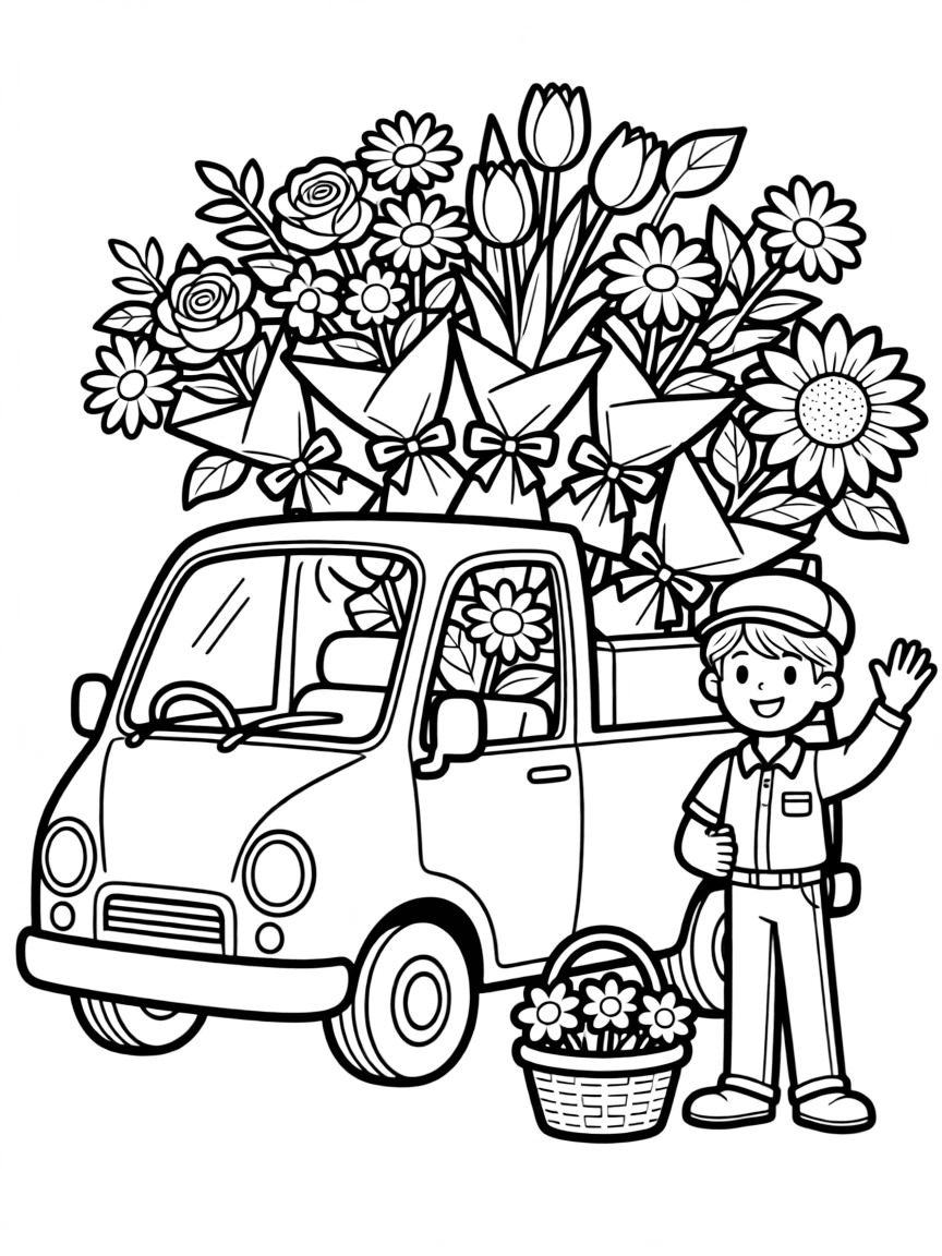 A flower delivery van filled with bouquets