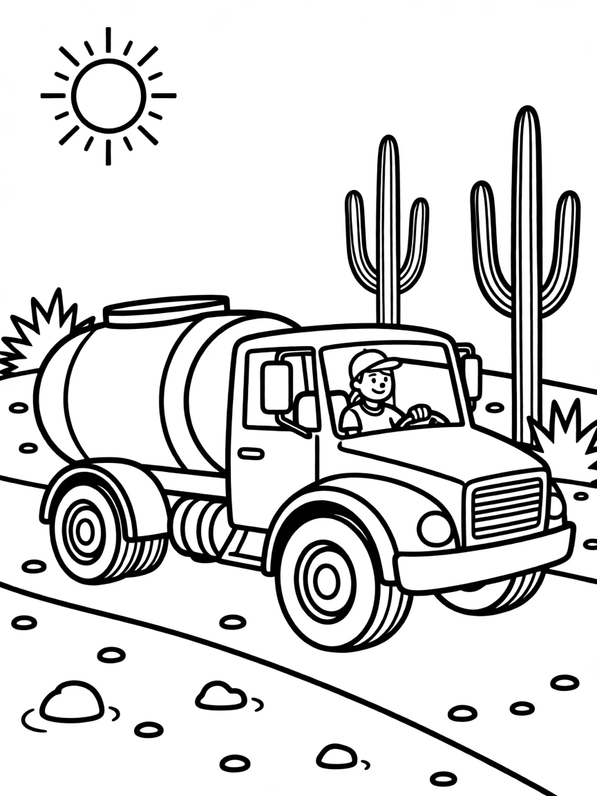 A water delivery truck in a desert community