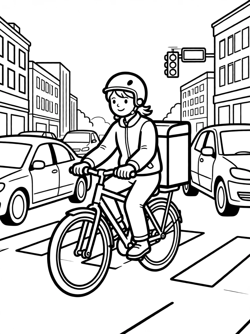 A courier bicycle messenger in busy traffic