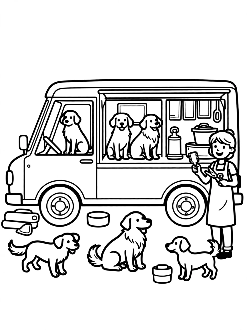 A mobile pet grooming van with dogs inside