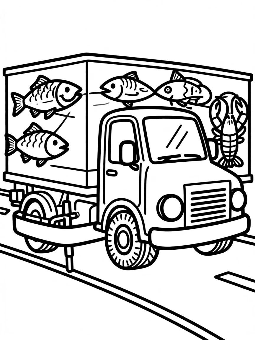 A seafood delivery truck with fish decoration
