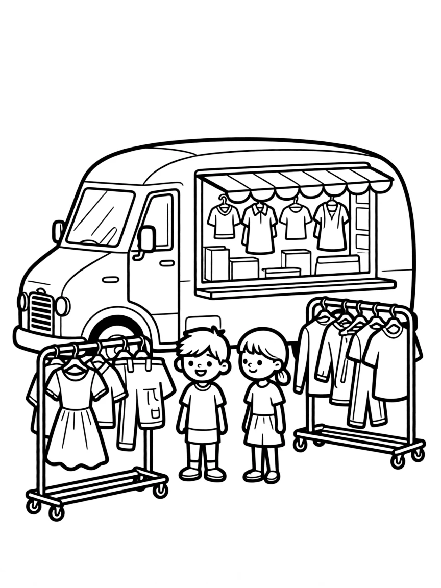 A mobile boutique fashion truck with clothing racks