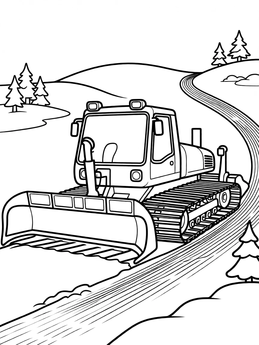 A snowcat grooming a ski slope with detailed tracks