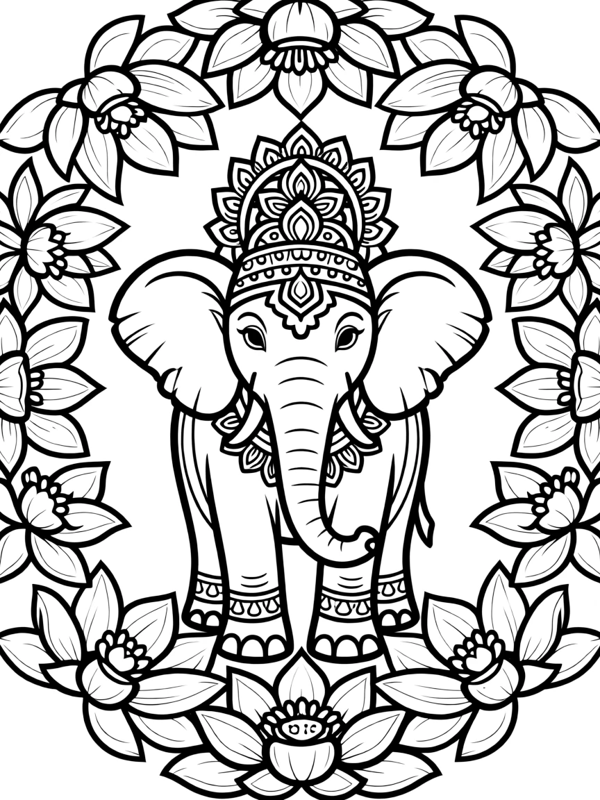 Majestic elephant with ornate headdress, surrounded by lotus flowers in a circular pattern