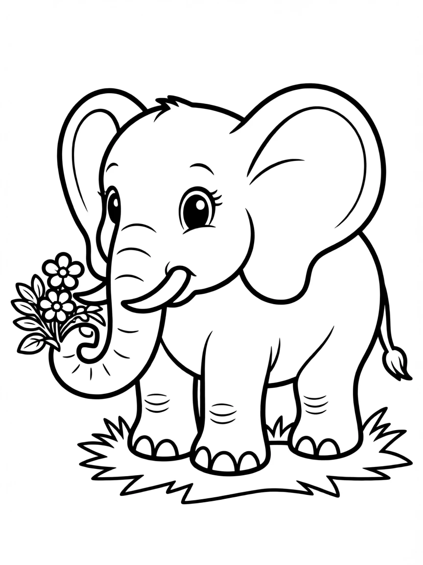 Baby elephant in the center with intricate tusks that spiral outward into floral designs