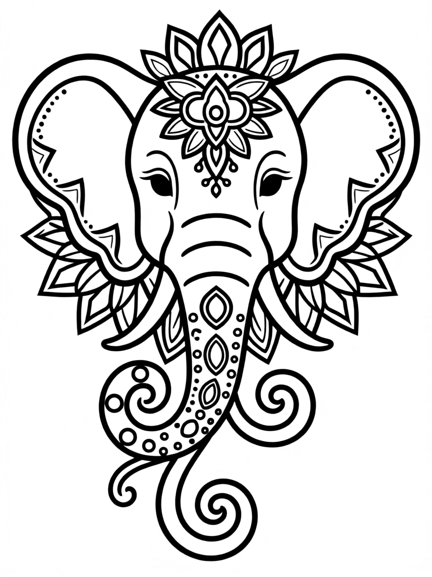 Elephant head mandala with trunk forming elegant spirals and decorated with jewels