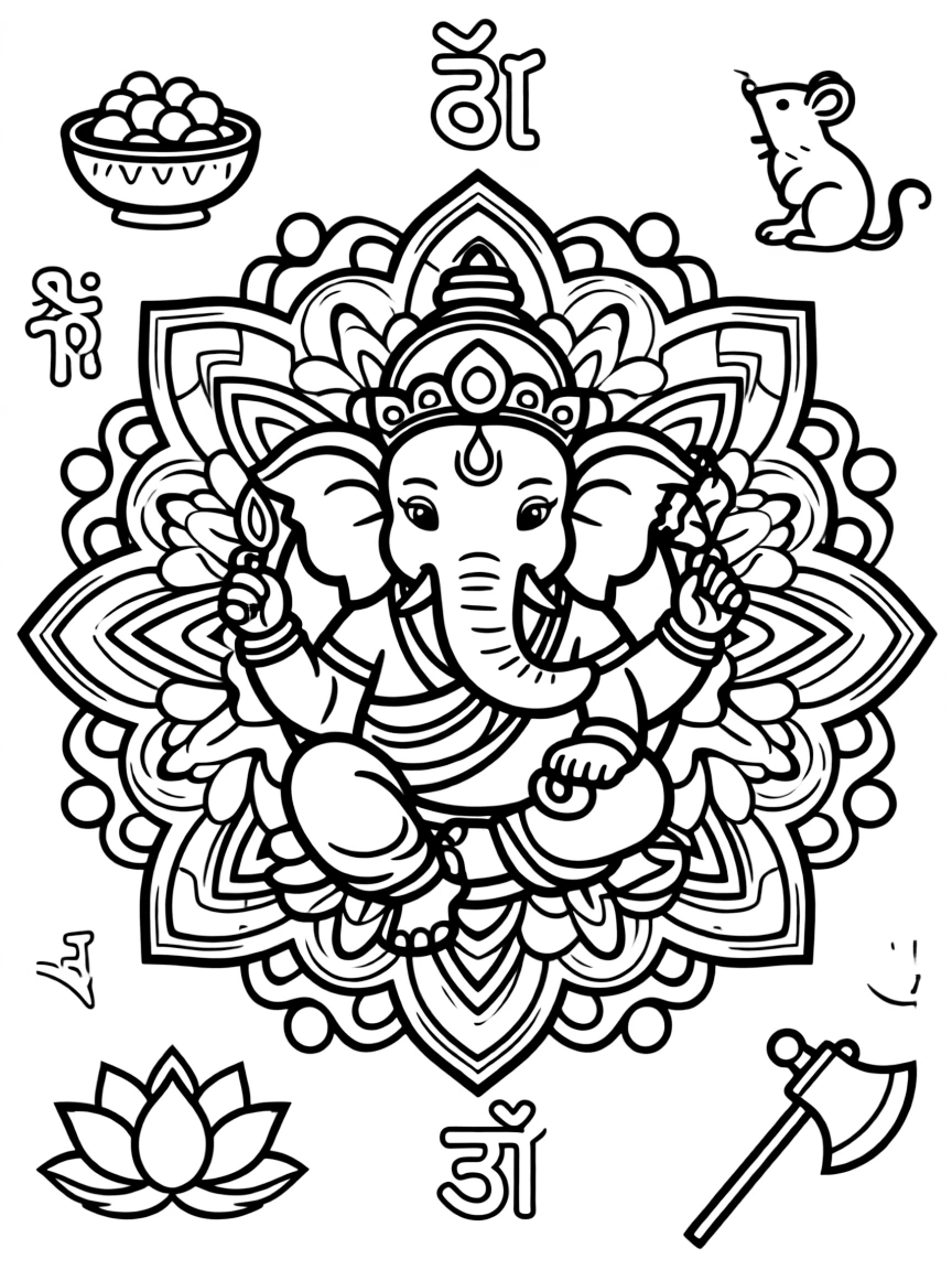 Sacred elephant deity Ganesha in mandala form with symbolic elements and Sanskrit symbols