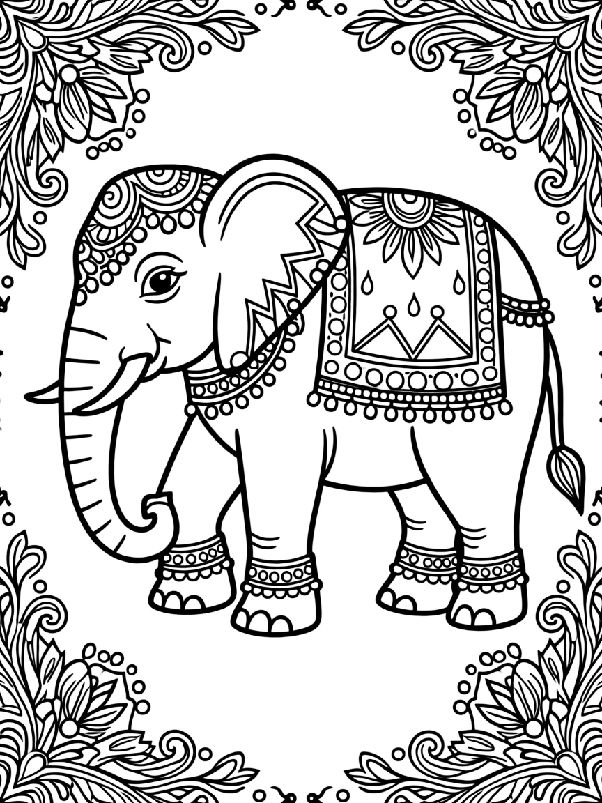 Elephant with traditional Indian decorations, surrounded by henna-inspired patterns