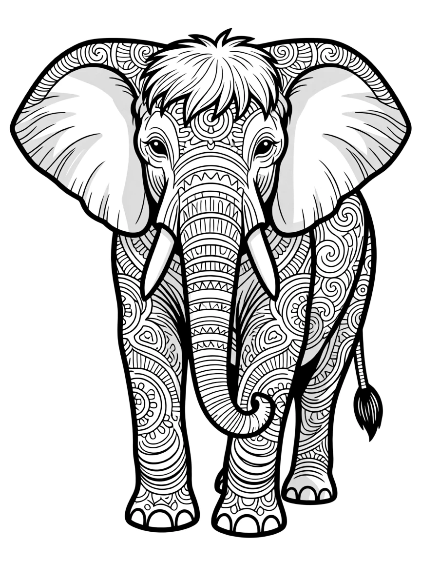 African elephant with textured skin patterns forming the basis of a complex mandala design