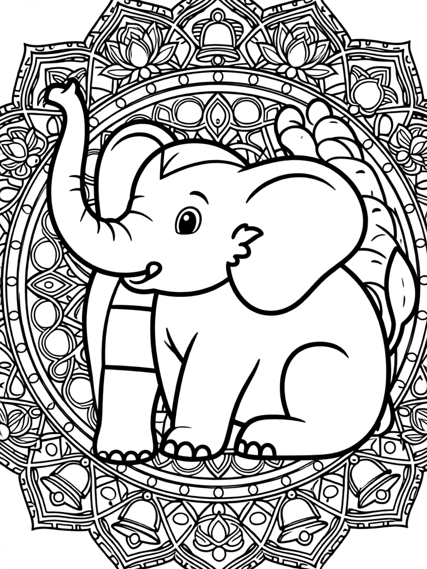 Elephant with trunk raised in blessing, mandala featuring auspicious symbols and jewels