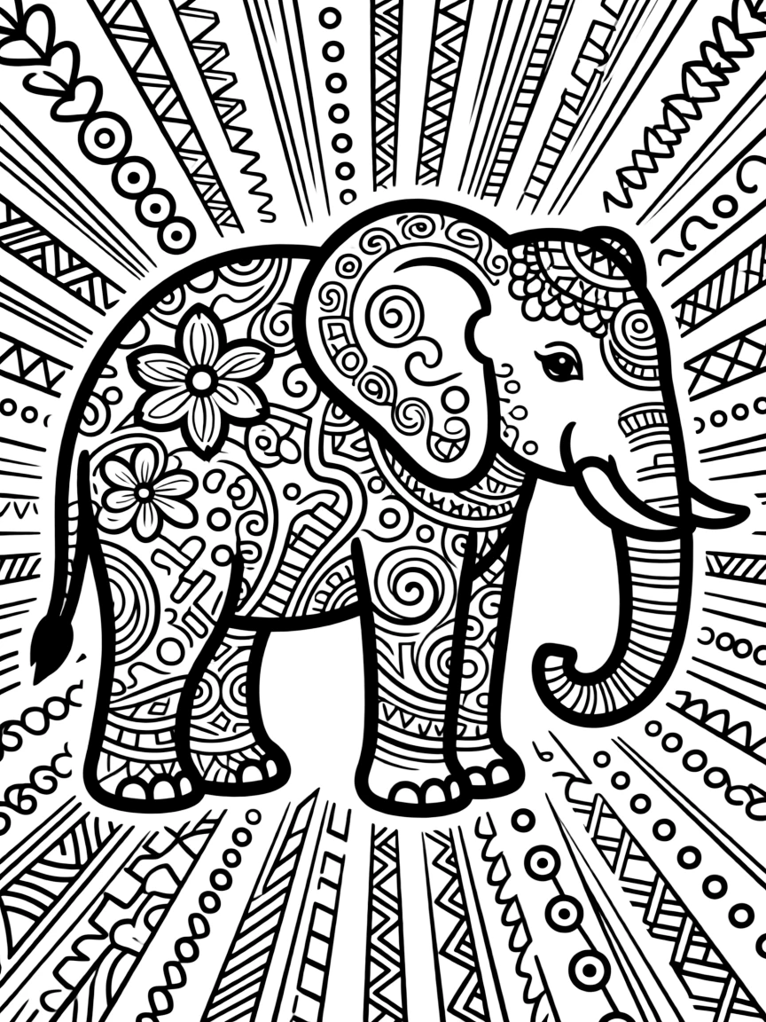 Elephant zentangle with intricate patterns inside the silhouette and radiating outward