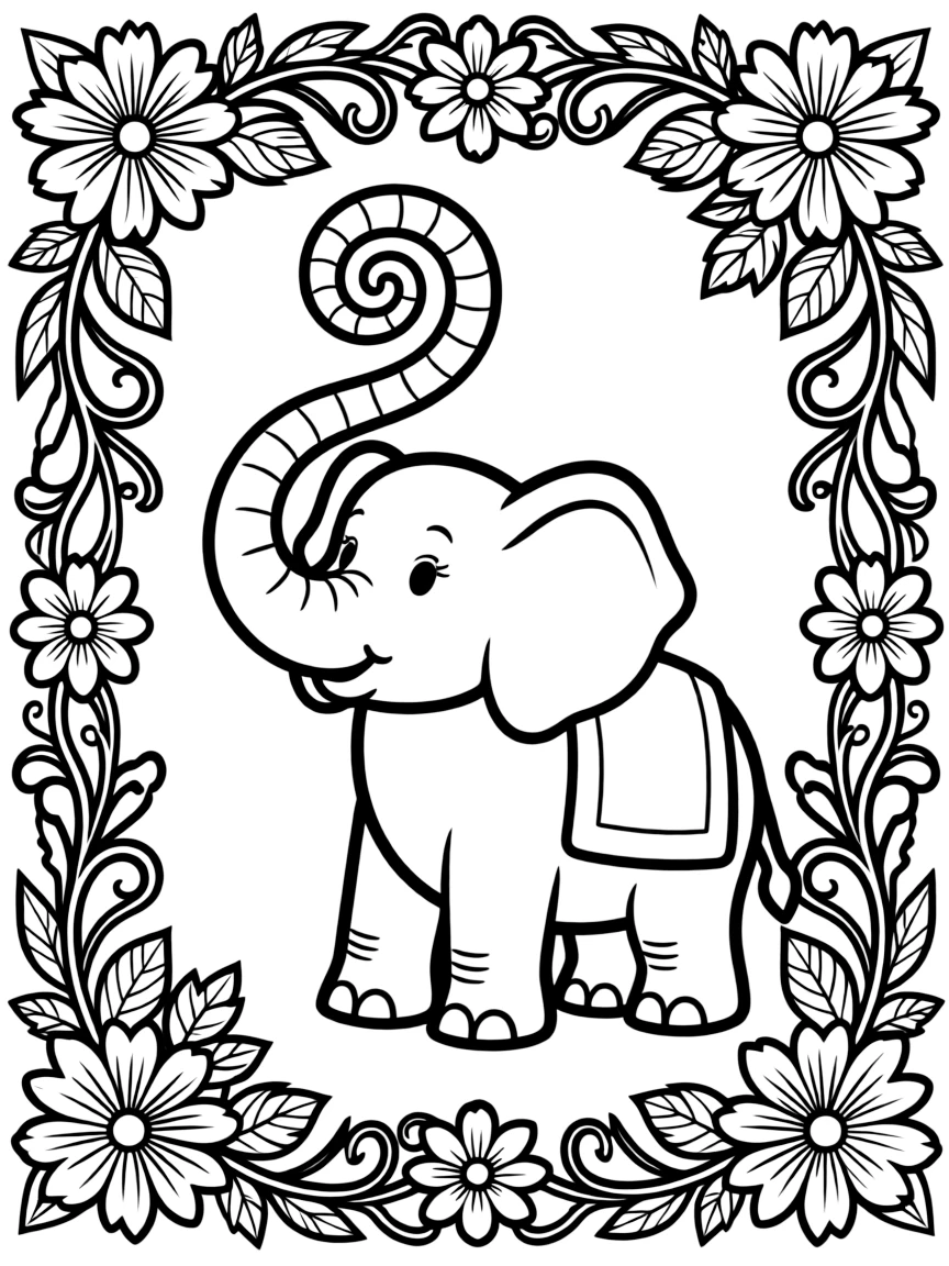 Elephant with trunk creating a spiral pattern, surrounded by intricate borders and florals
