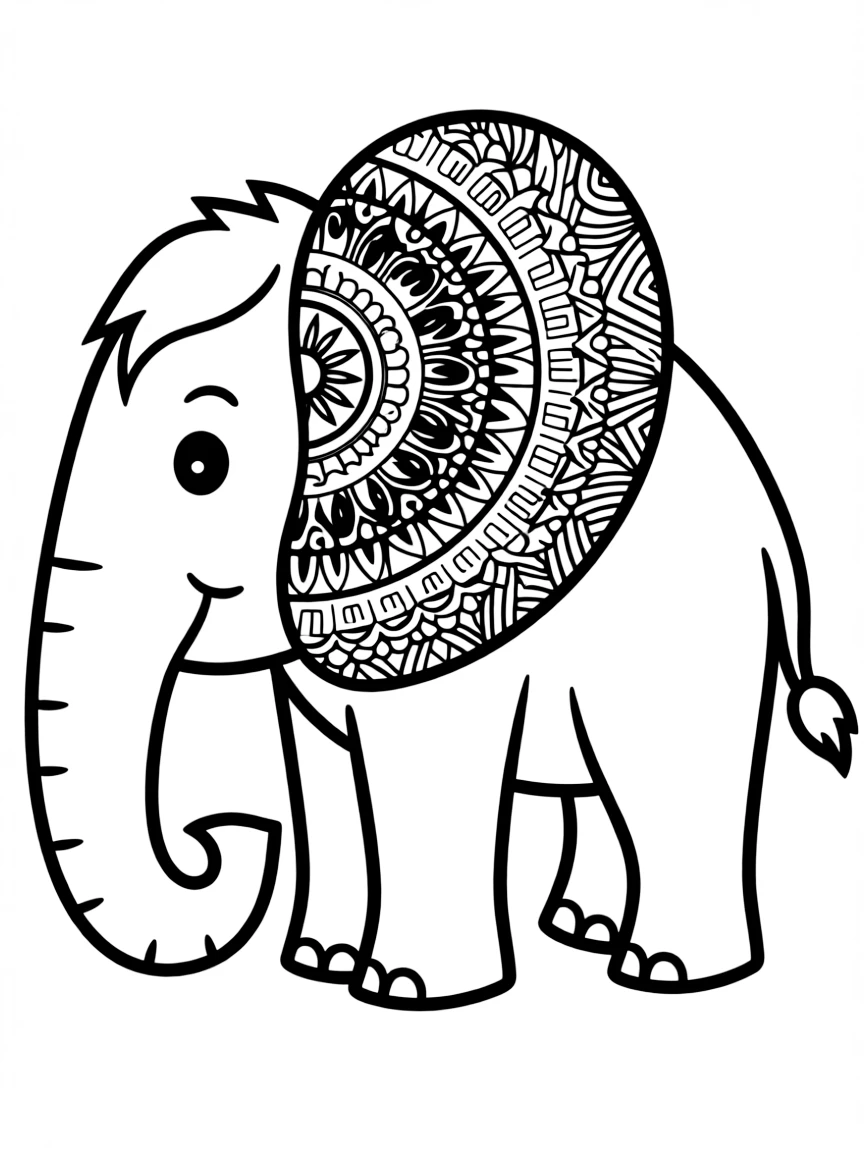 Elephant profile with detailed ear patterns creating a complex circular design