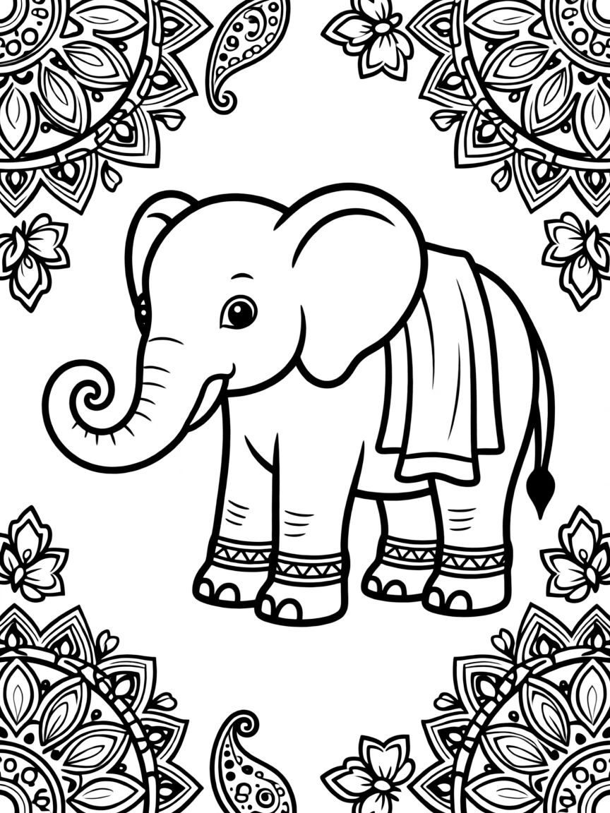 Elephant with trunk forming a spiral, surrounded by Indian-inspired decorative patterns