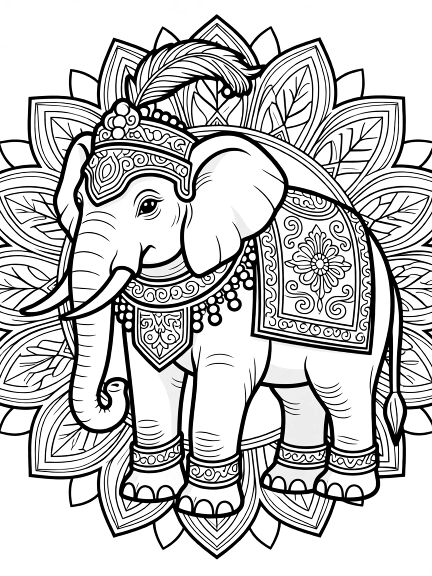 Elephant with intricate armor and ceremonial decorations in a royal mandala design