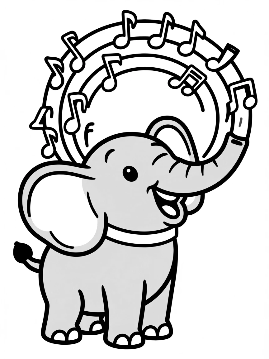 Elephant trumpeting with musical notes forming a circular pattern around it