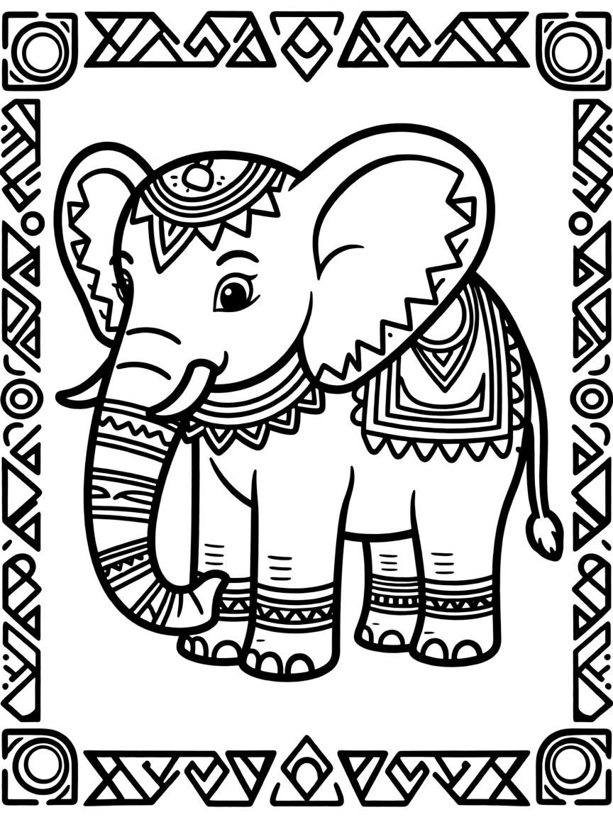 Elephant with ceremonial paint patterns, surrounded by tribal-inspired designs