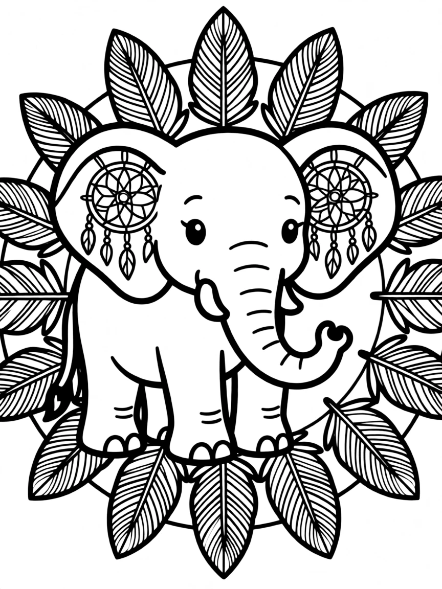 Elephant with dreamcatcher patterns in its ears, surrounded by feathers in a mandala