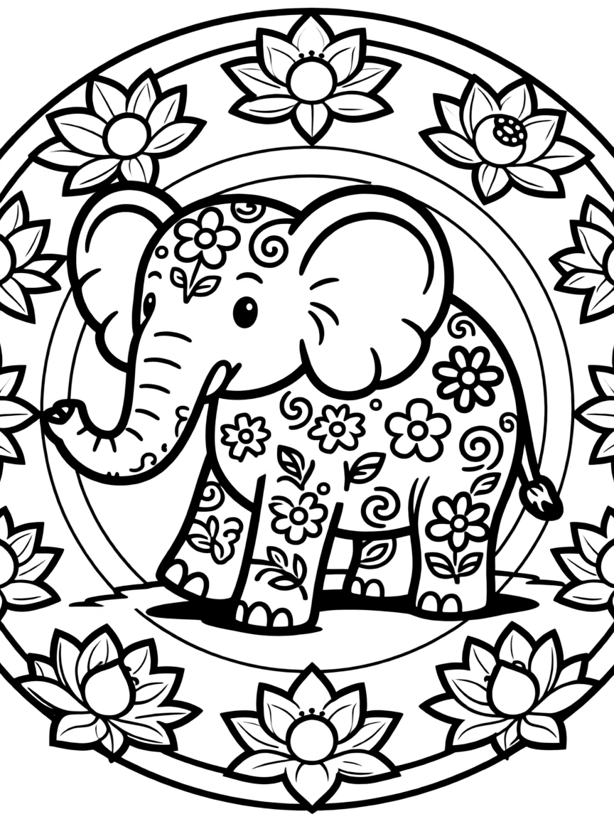 Elephant with floral patterns on its skin, surrounded by lotus flowers in concentric circles