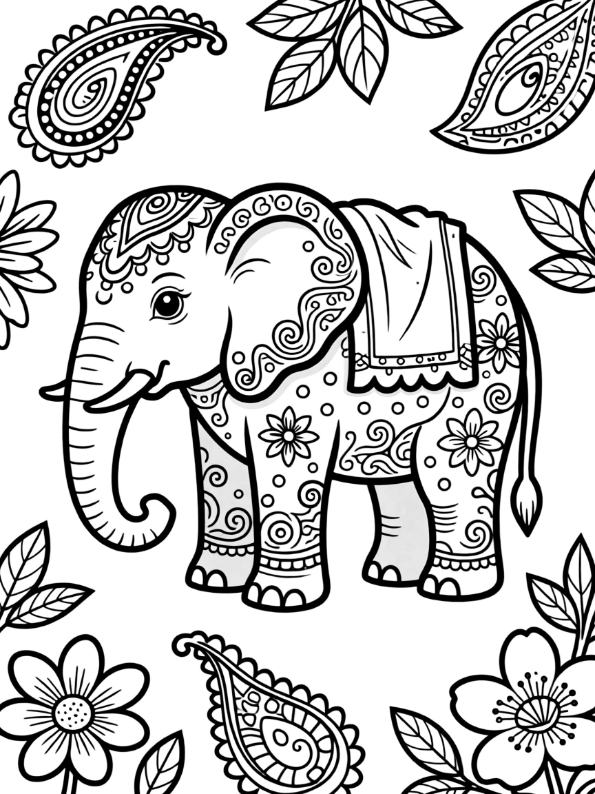 Elephant with mehndi-inspired decorations, surrounded by paisley patterns and florals