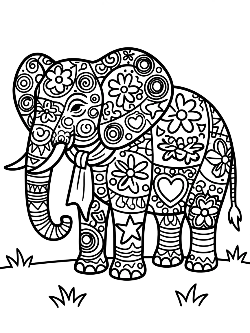 Elephant with multiple patterns within its silhouette, creating a patchwork mandala effect