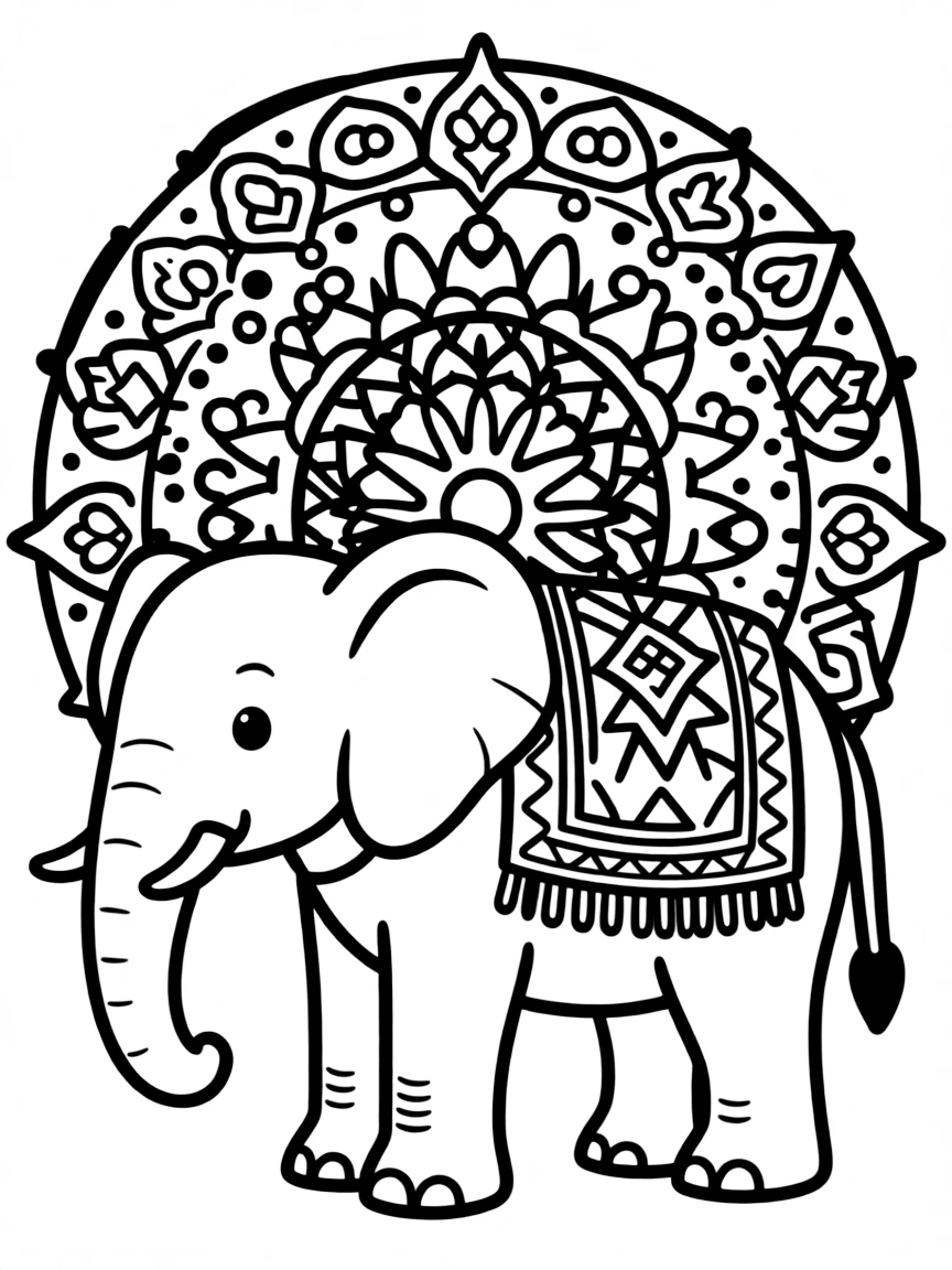 Elephant with ceremonial blanket creating a base for intricate mandala patterns
