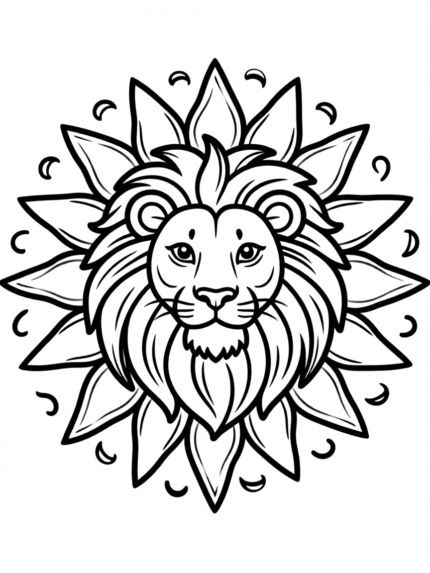Majestic lion with flowing mane forming rays of a sun mandala