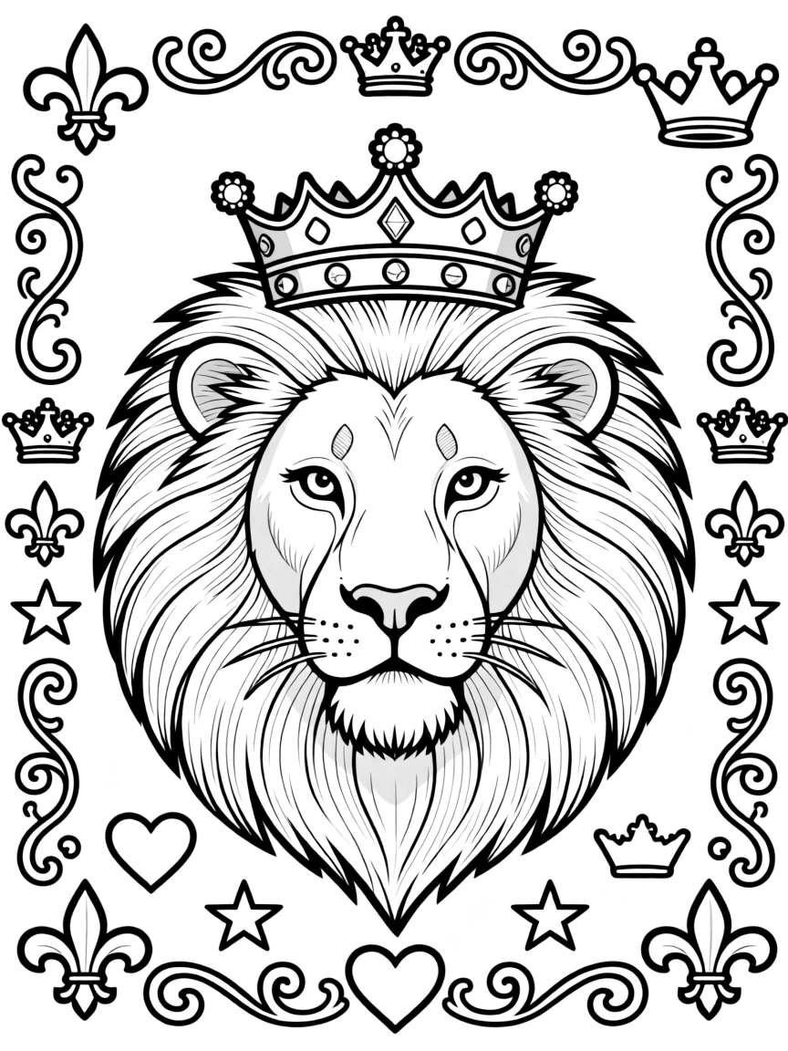 Lion with jeweled crown, surrounded by royal patterns and symbols