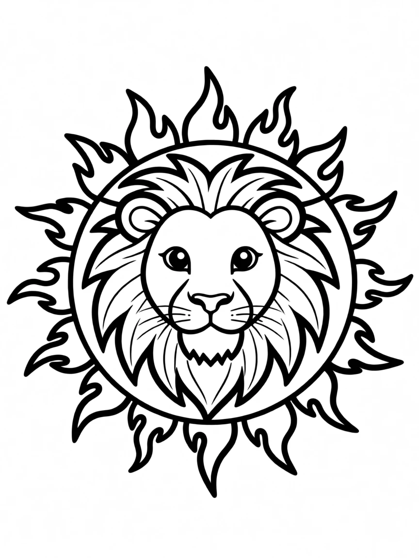 Lion's mane forming flame-like patterns in a sun-inspired mandala design