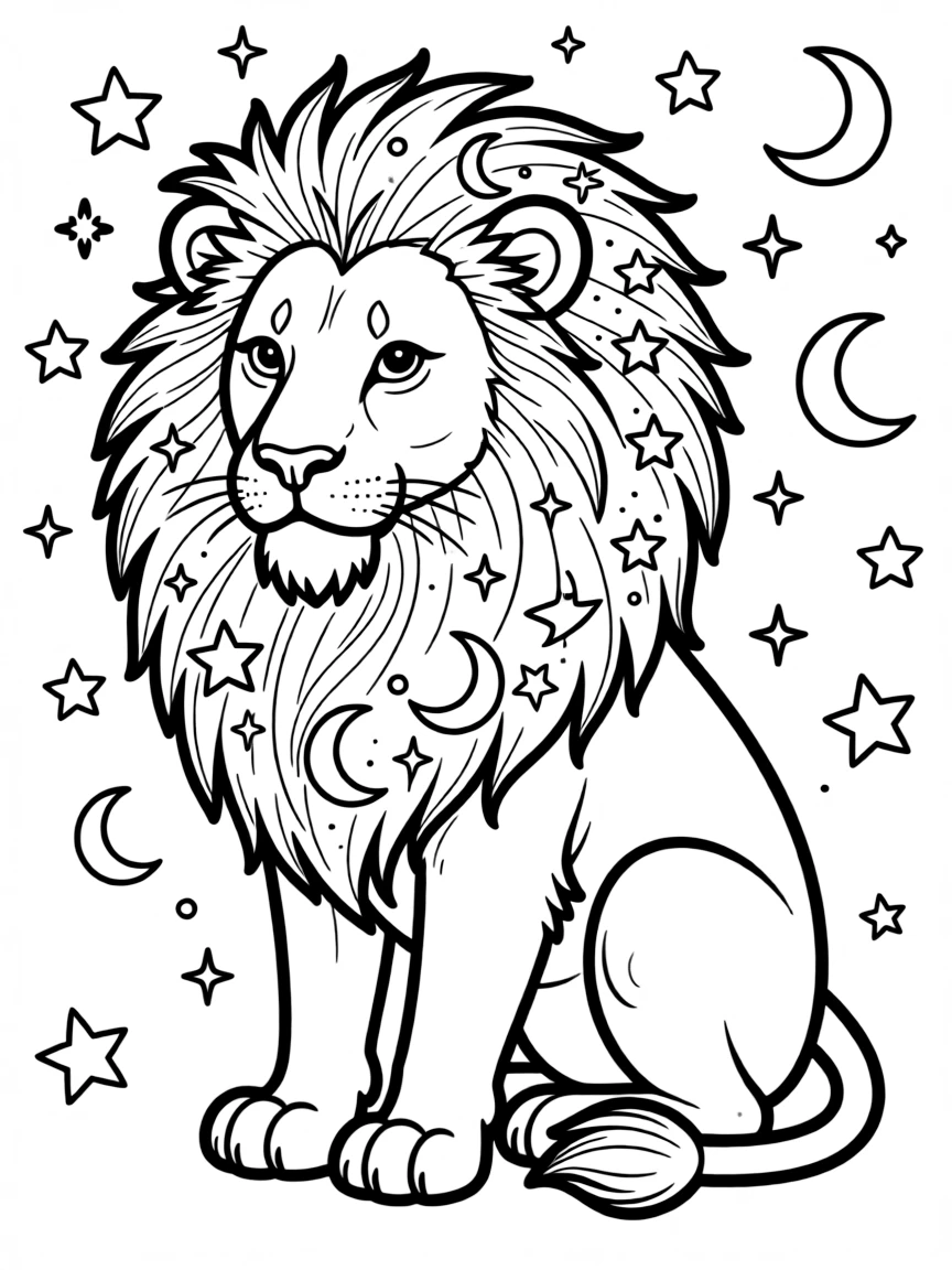 Lion with celestial elements in its mane, surrounded by star and moon patterns