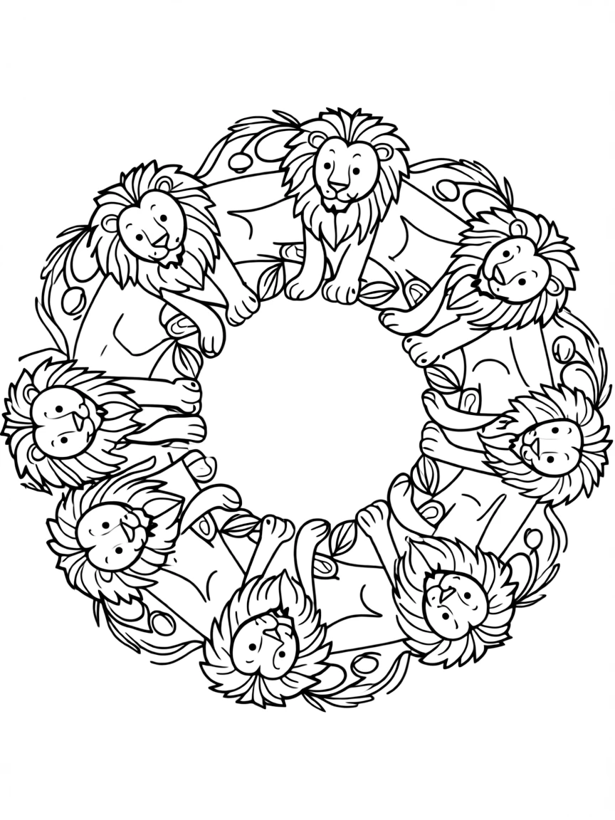 Lion family with cubs in a circular arrangement, creating a protective mandala