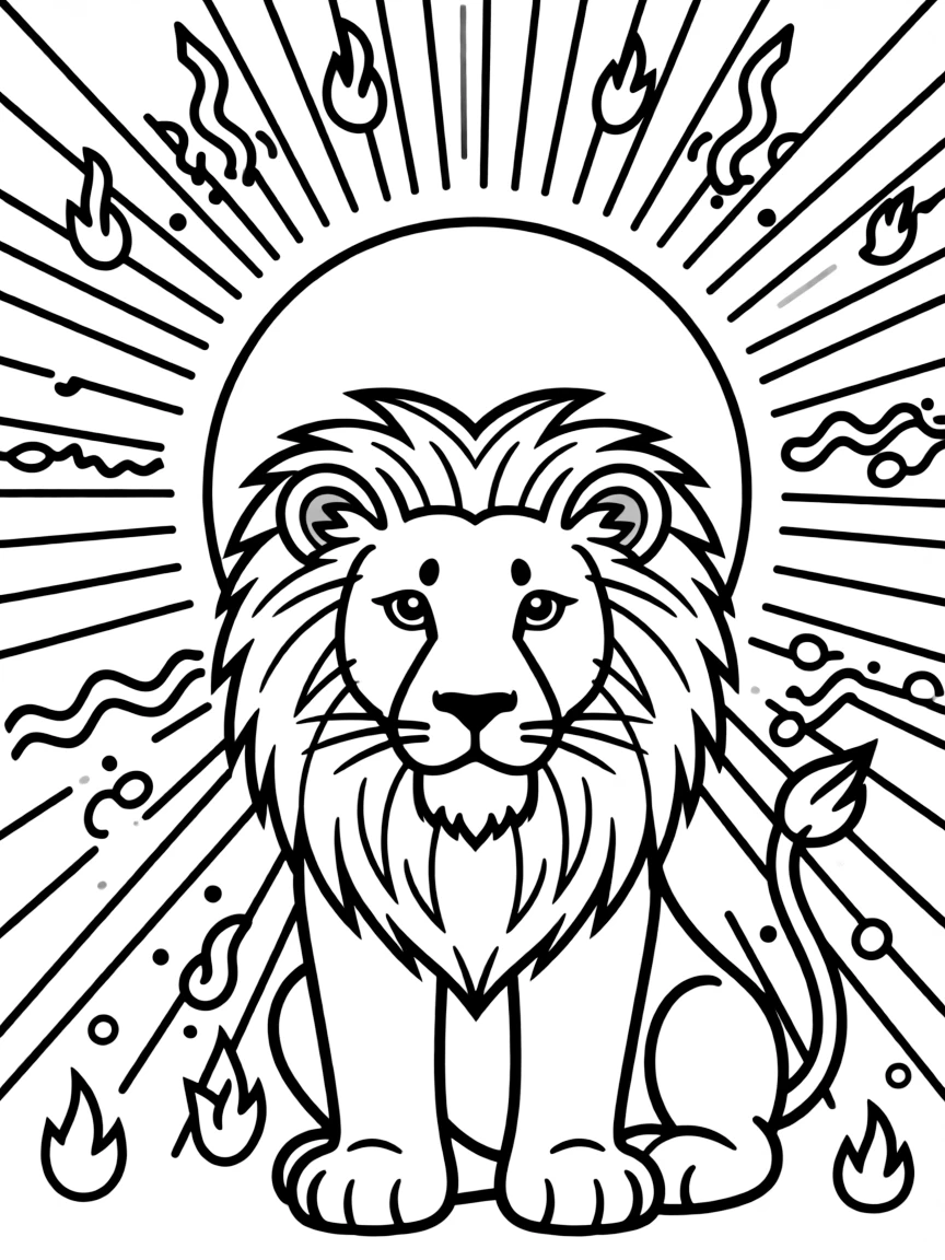 Lion with sun symbolism, surrounded by rays of light and heat patterns