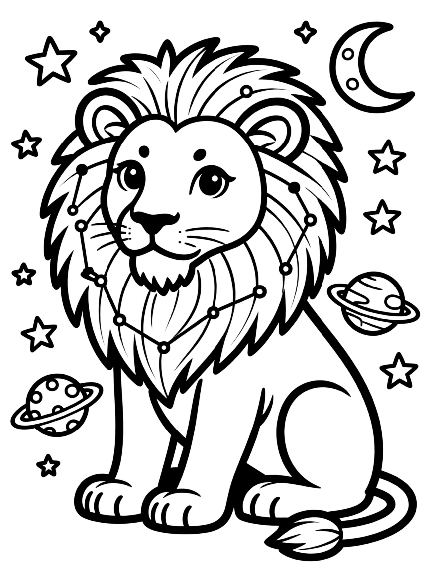 Lion with constellation patterns in its mane, surrounded by cosmic designs