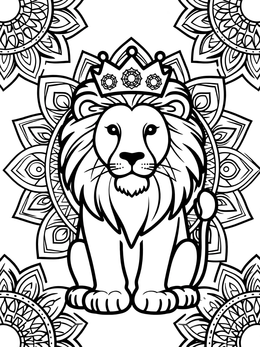 Lion with crown chakra symbols, surrounded by spiritual mandala elements