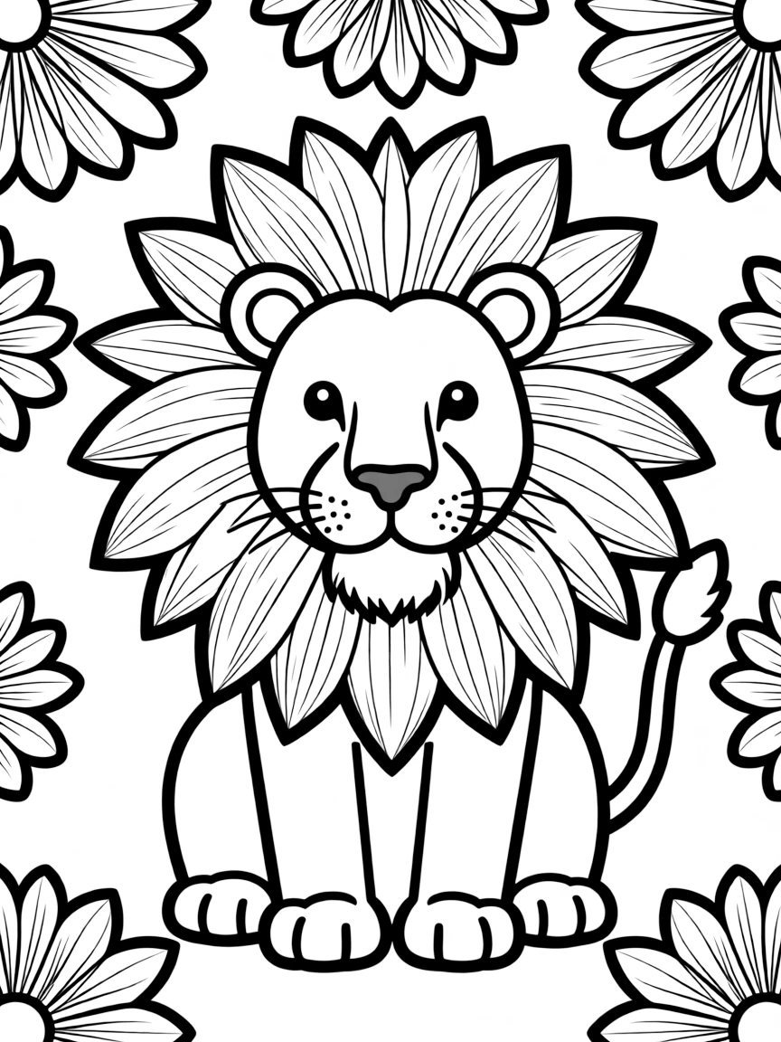 Lion with mane forming a blooming flower, surrounded by petal-like patterns