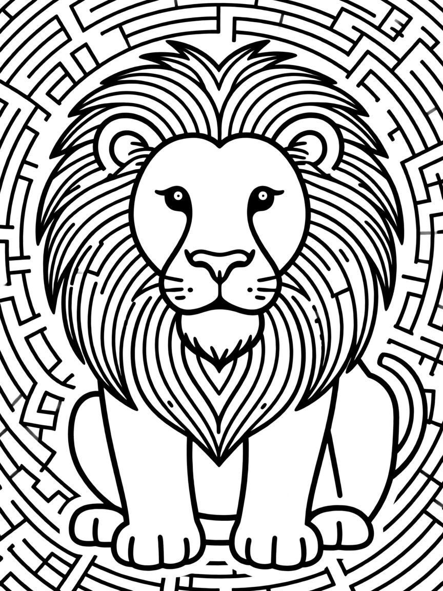 Lion with mane forming a labyrinth pattern, surrounded by maze-like designs