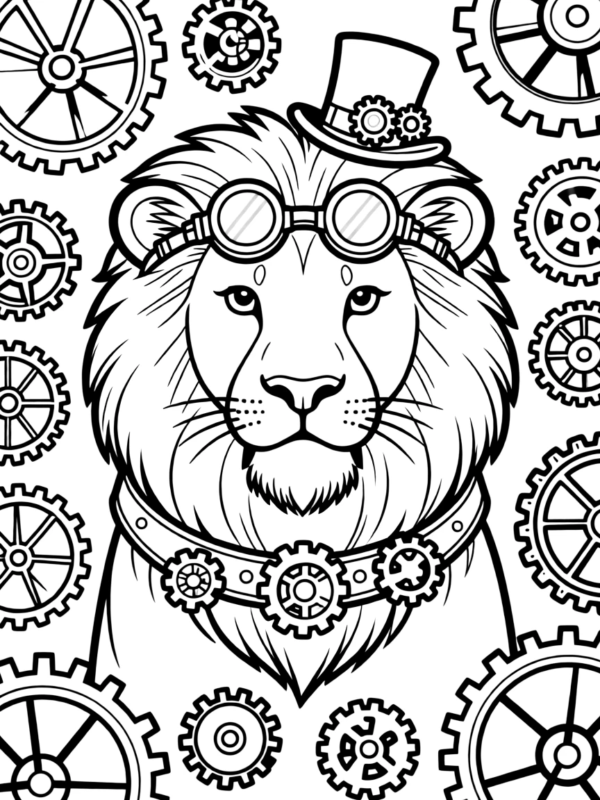 Lion with steampunk elements, surrounded by gear and clockwork patterns