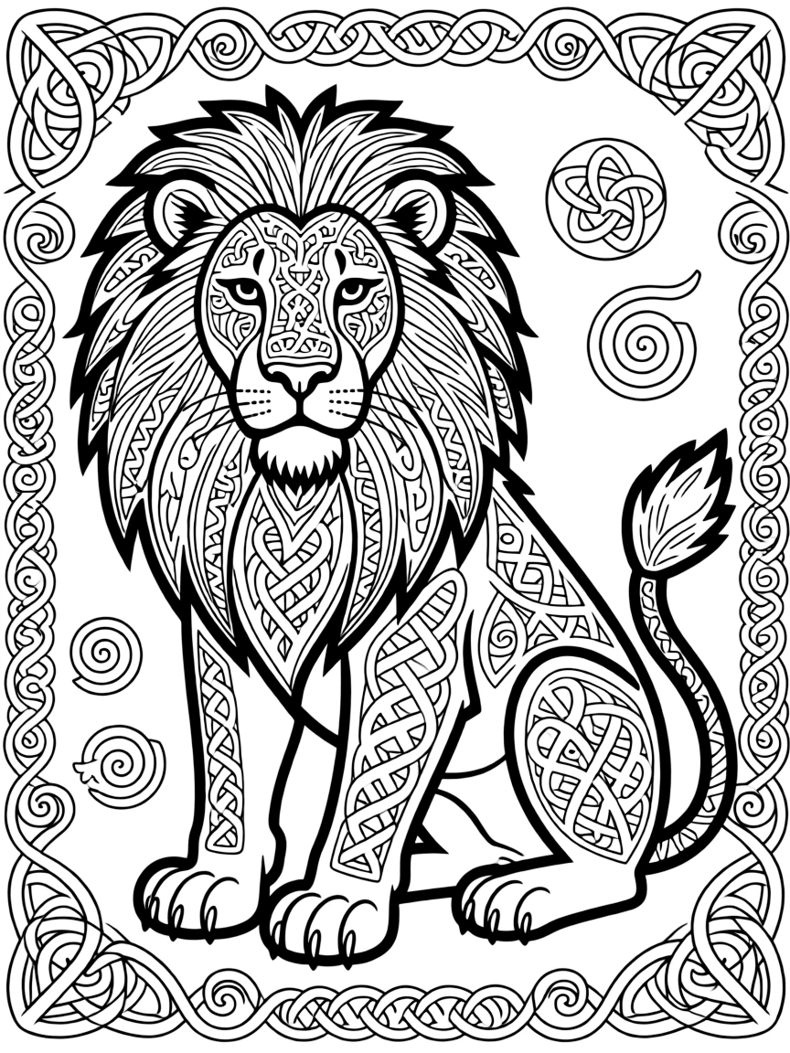 Lion with Celtic knot patterns in its mane, surrounded by traditional designs