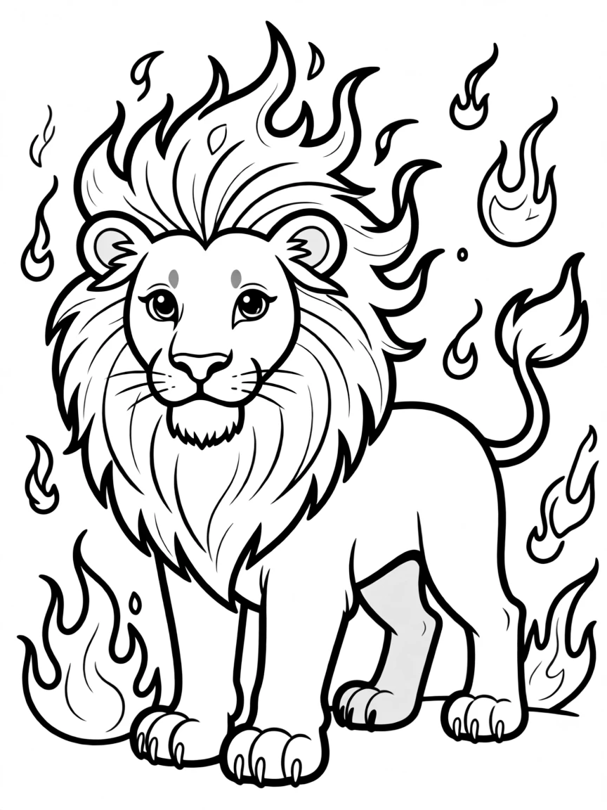 Lion with fire elements in its mane, surrounded by flame-inspired patterns