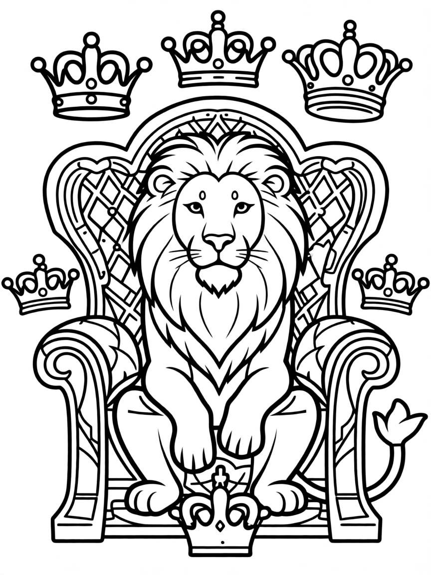 Lion with regal posture, surrounded by throne and crown patterns