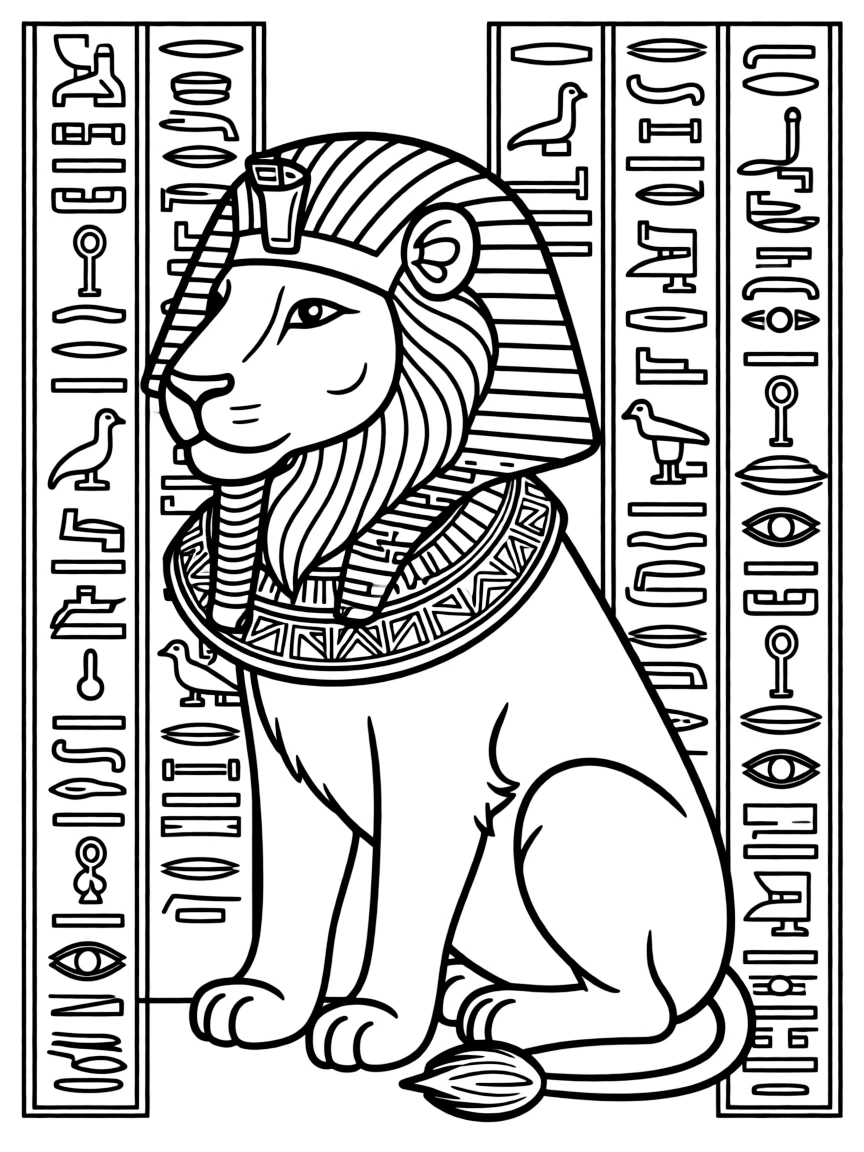 Lion with Egyptian-inspired decorations, surrounded by hieroglyphic patterns